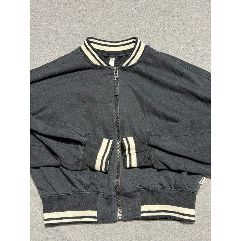 Fabletics Womens Black Varsity Bomber Jacket Cropped Full Zip Striped Trim Sz M